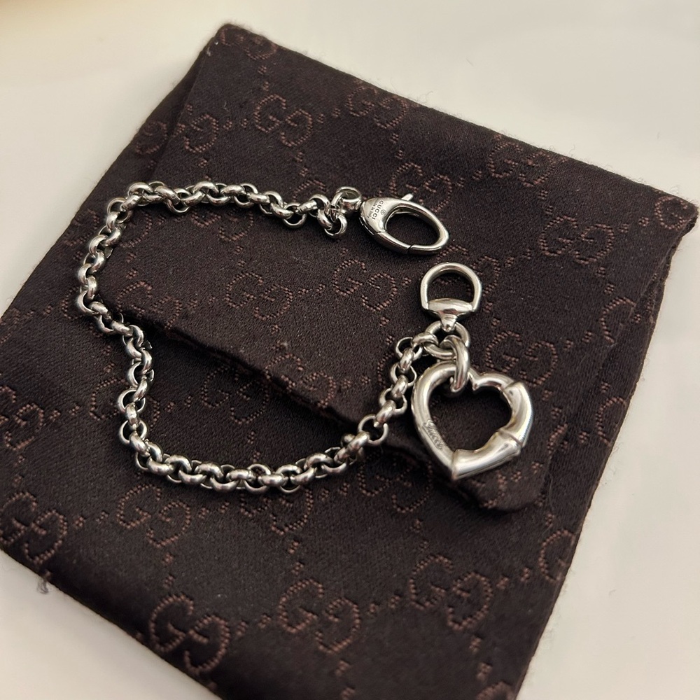 Gucci Sterling Silver Bamboo Heart Charm Link Bracelet